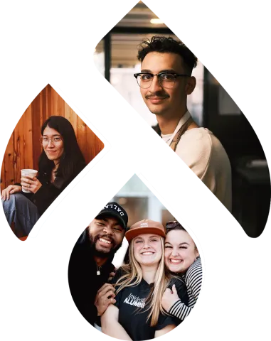 Pictures of Smiling people in the shape of the Drupal logo